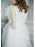 V Neck Ivory Lace Tulle Buttons Back Wedding Dress